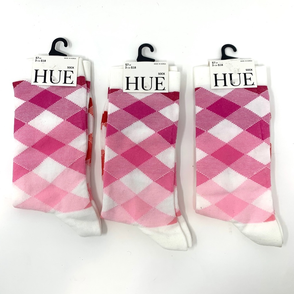 4/$25 3 PR Womens Hue Gingham Argyle Pink Socks OS - Picture 1 of 3
